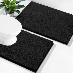 Smiry Bathroom Rugs Set 2 Piece, Soft Absorbent Chenille Bath Mat and U-Shaped Toilet Rug Set, Non Slip Shaggy Bath Carpet for Tub, Shower and Floor (24x16+24x20, Black)