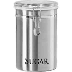 Oggi Stainless Steel Sugar Canister 62 fl oz - Airtight Clamp Lid, Clear See-Thru Top - Ideal Sugar Container for Countertop, Sugar Jar, Bulk Sugar Storage. Large Size 5" x 7.5".