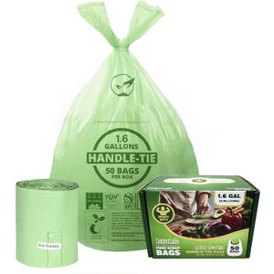 1.6 Gallon Compostable Trash Bags Drawstring, Heavy Duty Extra Thick 0.6 Mil, 6.06 Liter, 50 Bags, Small Kitchen Food Scrap Waste Bag, Unscented Pet Waste Bags, US BPI and OK Compost Home Certified