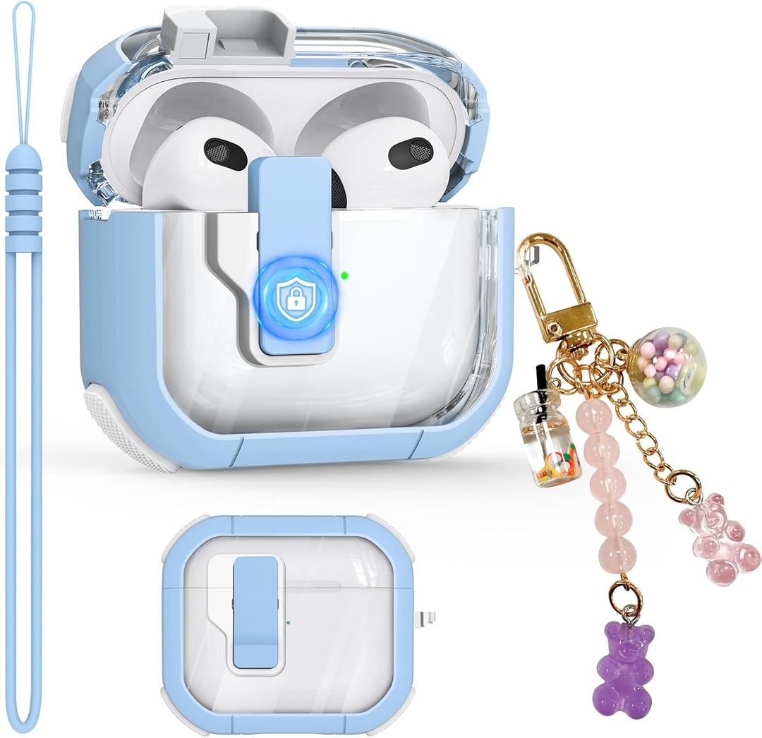 Clear Case for AirPods 3 Gen, Secure Lock Case for Apple AirPod 3rd Generation with Silicone Wrist Strap and Cute Candy Pendant, Sky Blue