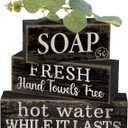 Lineshading 4 Pcs Bathroom Shelf Decor Sign Farmhouse Bathroom Decor and Accessories Rustic Eucalyptus Leaves Block Sign Soap Fresh Hand Towel Free Table Centerpiece for Home Toilet Hotel Campsite