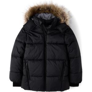 The Children's Place, Boys, Water and Wind Resistant Hooded Zip Front Parka Jacket, Black Faux Fur, X-Small
