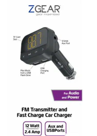 ZGear FM Transmitter And Fast Charger Car Charger 12 Watt 2.4 AMP