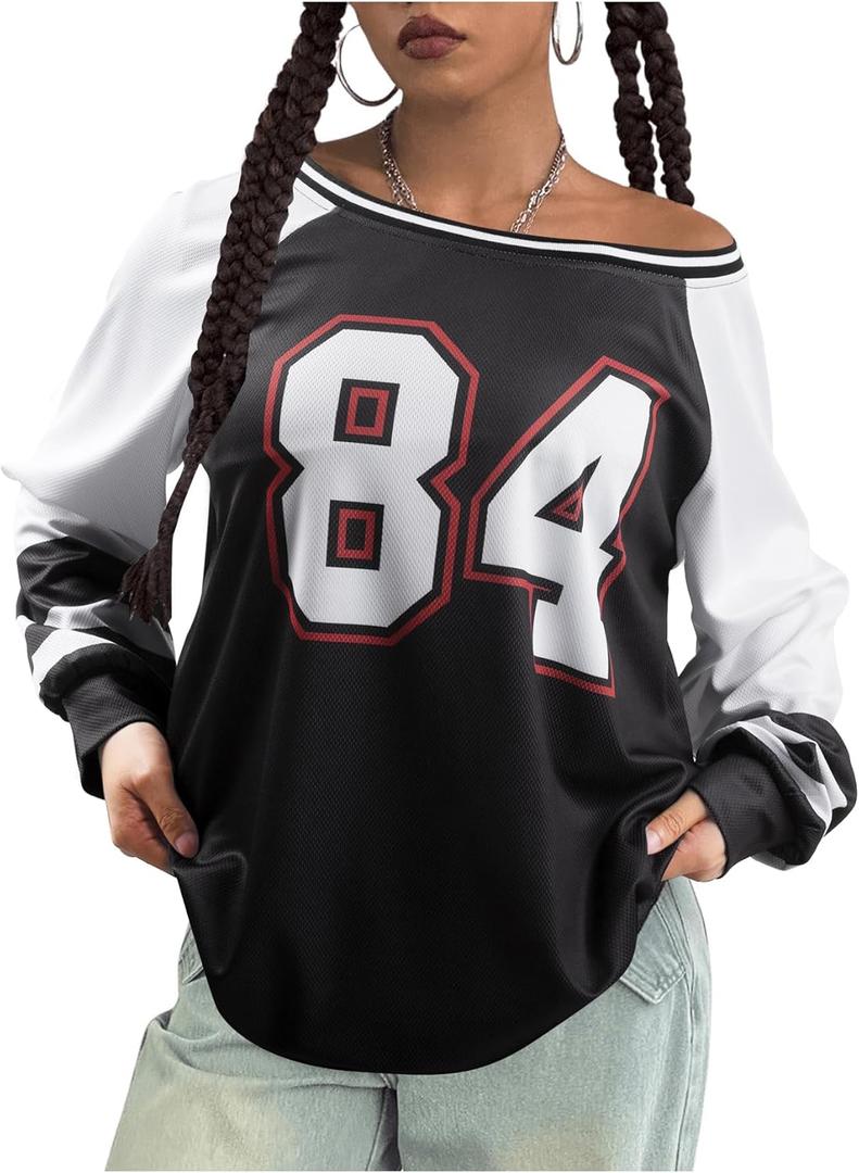 Oversized Jersey Shirts for Women Off Shoulder Tops Long Sleeve Y2K Jersey Clothes Loose Fit Graphic Tees (S)