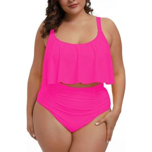 Pink Queen Women Plus Size Swimsuits Tummy Control Ruffle 2 Piece High Waisted Bathing Suit Swimwear (X-Large)