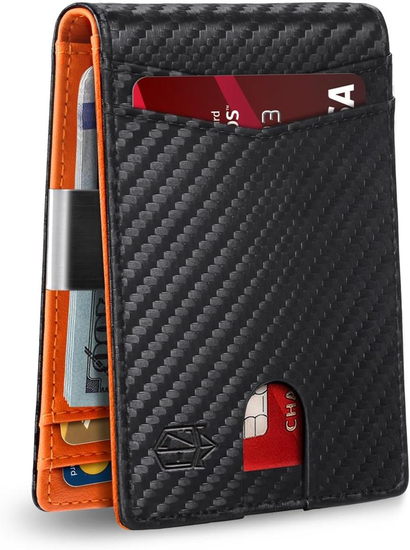 Zitahli Slim Wallet for Men Gifts 12 Card Slots ID Window With Money Clip Minimalist RFID Front Pocket Bifold Leather Small Thin Gift Box Dad Birthday Christmas Regalos Hombres (A-Carbon Black and Orange)