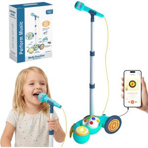Kids Karaoke Microphone with Stand-Adjustable Height,Singing Toys Gifts for 3 4 5 6 7 8 Year Old Girls Boys,4 Drum Sound Effects & 12 Dance Songs,Flashing Stage Lights,Compatible with Smartphone/MP3