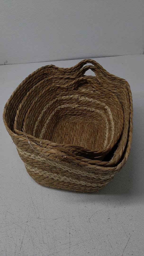 Set of 3 Baskets with Handles - Natural, Woven Storage Basket Planters, Boho Decor for Entryway, Living Room, Bedroom, 13", 14",14.5"