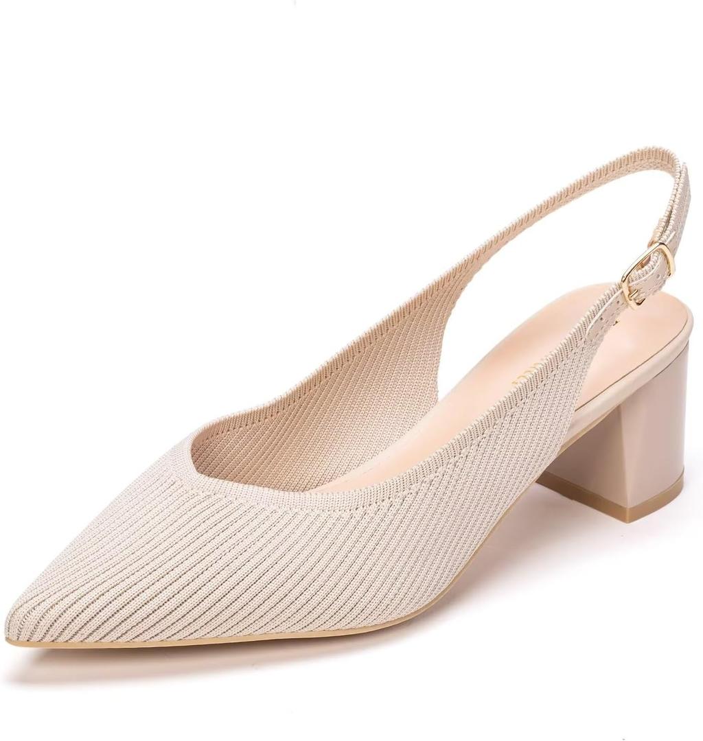 Frank Mully Women's Slingback Heels Pointed Toe Work Pumps Comfortable Chunky Pumps Knitted Closed Toe Stylish Dressy Shoes (9, Beige)
