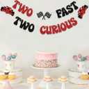 Two Fast Two Curious Banner, Boy 2nd Birthday for Racing Second Party Decorations, Baby Shower Race Car Let's Go Racing Party Supplies, Black Red Glitter