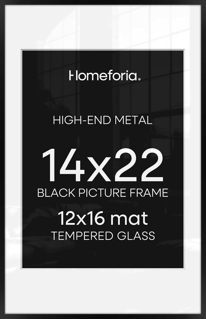 Homeforia 14x22 Picture Frame Black, High End Metal 14 x 22 Poster Frames with Mat 12 x 16 for Photo, 14x22 Black Frame Matted to 12x16 inch Print, 22x14 Thin Frame, Tempered Glass, Wall Kit, Set of 1
