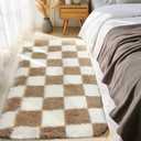 Ecoshag Soft Rugs for Living Room, 2x6 Ft Beige and White Checkered Fluffy Shaggy Rugs for Indoor Use, High Pile Ultra Fuzzy Rug for Bedroom Kids Nursery Rooms,Home Decor Aesthetic