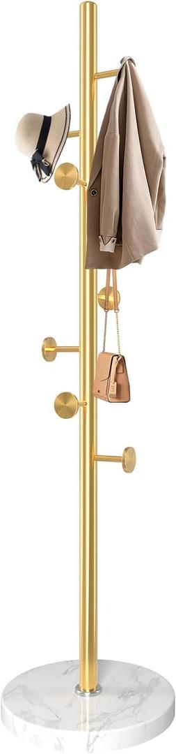 Snaikor Metal Coat Rack Freestanding, Sturdy Coat Rack Stand with Natural Marble Base, Coat Tree Hats Hanger Holder Stand for Entryway, Hallway, Bedroom (Golden)