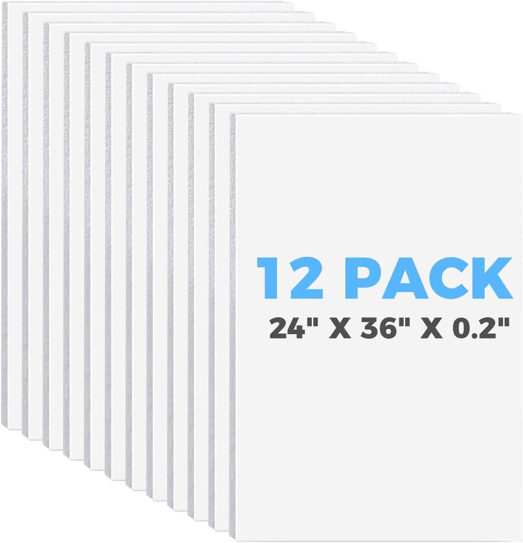 Foam Board 24" x 36" x 3/16" (5mm) - 12 Pack, White Poster Board, Double-Sided, Acid-Free Foam Core Board for Signs, Presentations, Schools, Offices, and Art Projects