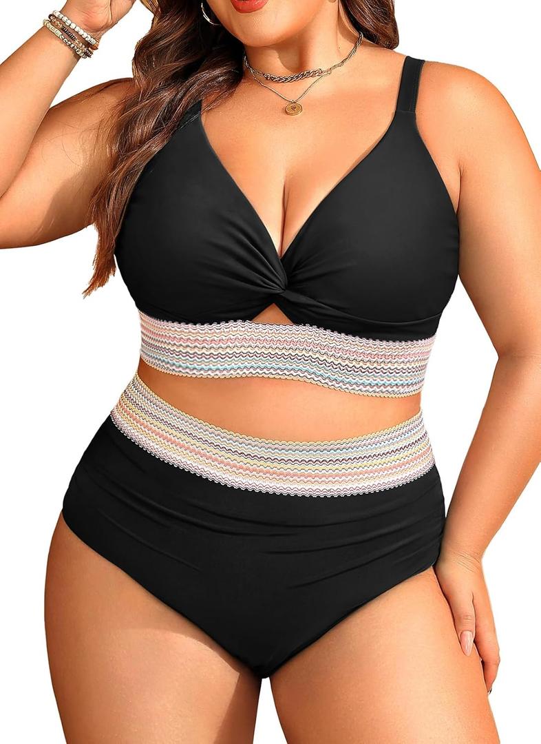 Daci Plus Size Two Piece Swimsuits - High Waisted Bikini for Women Tummy Control Bathing Suits Knot Twist Swimwear 2025, 14 Plus