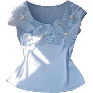 Women's Summer 3D Floral Tops Elegant Scoop Neck Ribbed Knit Going Out T Shirts Blue, Medium