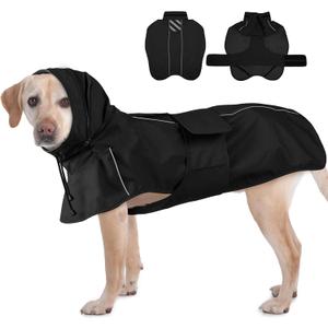 Dog Raincoat Waterproof , Reflective Adjustable Rain Jacket with Leash Hole, Convertible Hood/Collar Rain Coat for Dogs Poncho Breathable Lightweight (Black, XL)