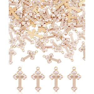 YETOOME 100 Pcs Alloy Enamel White Cross Pendants Gold Plate Cross Dangle Charms for Necklace Bracelet Jewelry Making DIY Crafting