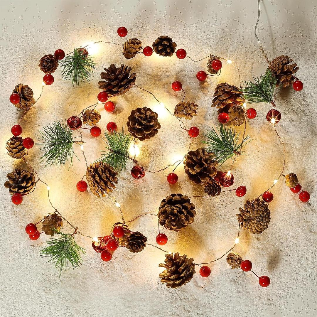 Christmas Garland with Lights, 6.6FT Pinecones Christmas String Lights with Red Berries, Bells & Needles, 20 LED Battery Operated Prelit Garland for Christmas Decorations Indoor/Outdoor (Warm White)
