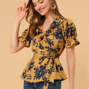 Allegra K Women's Wrap Peplum Top Blouse 2025 Summer Floral Short Sleeve Ruffle V Neck Belted Shirts, M