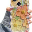 Jusy Compatible with iPhone 14 Plus/15 Plus, Colorful Retro Oil Painting Printed Flower Laser Glossy Pattern Cute Curly Wave Phone Case Soft TPU Cover for Girly Women - Orange Yellow
