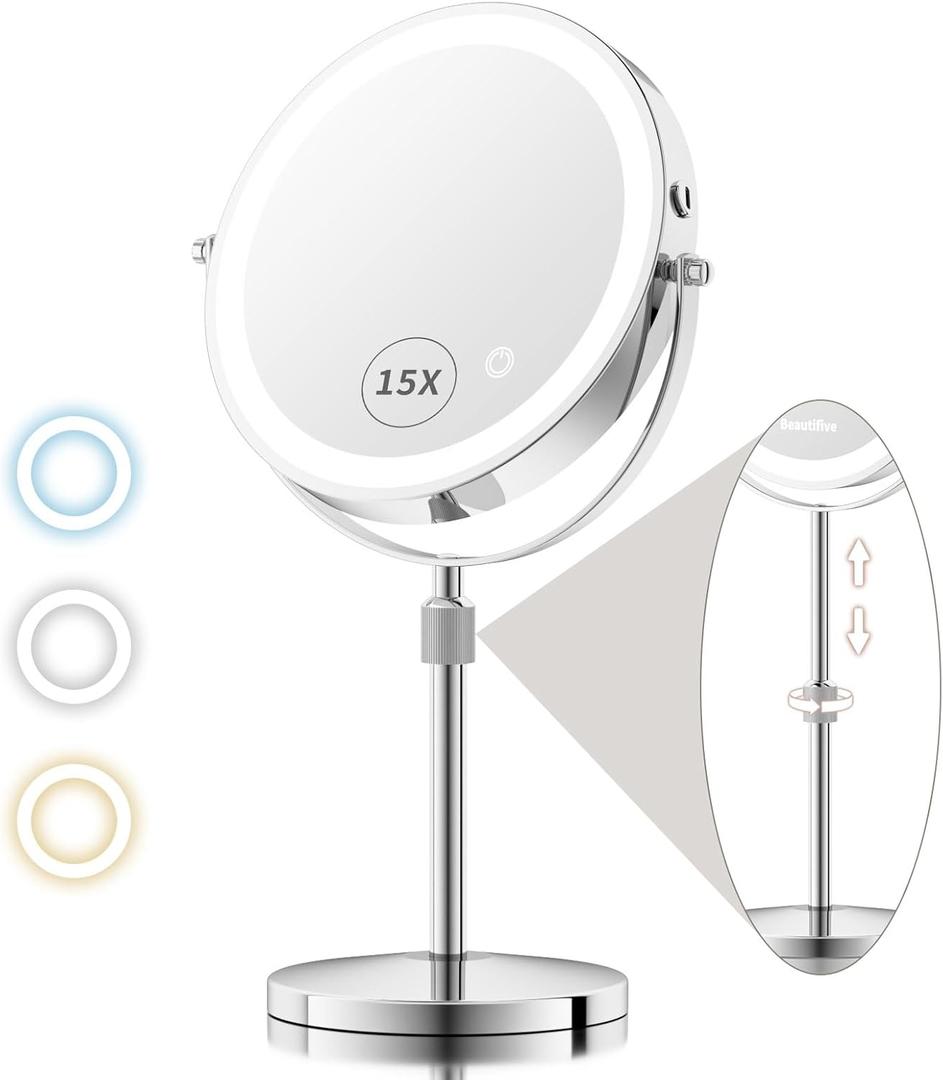 8 Lighted Makeup Mirror with Magnification, 15X/1X Rechargeable Magnifying Mirror with Lights, Stepless Dimming Light Up Desk Mirror with Adjustable Height, 360 Rotation Vanity Makeup Mirror (Silver Gray)