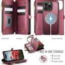 Defencase for iPhone 15 Pro Max Magnetic Wallet Case Compatible with Magsafe with RFID Blocking Zipper Strap Card Holder for Women, PU Leather Detachable Case for iPhone 15 Pro Max (6.7"), Wine Red