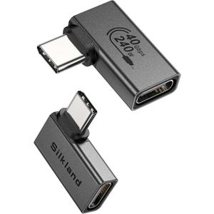 Silkland 90 Degree USB C Right Angle Adapter 2 Pack, 240W 40Gbps Male to Female USB-C Adapter Extender Compatible with Thunderbolt 4/3 for Steam Deck, ROG Ally, MacBook, Switch, iPhone 16/15, Quest 3