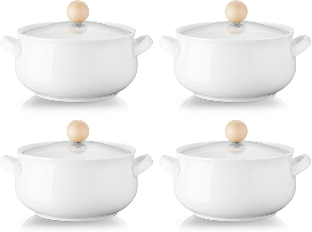 ALELION Small French Onion Soup Bowls, 16 OZ Soup Crocks with Double Handles and Glass Lids, Oven Safe Soup Bowls for Stew Chili Cheese Pot Pie Casseroles, Set of 4, White