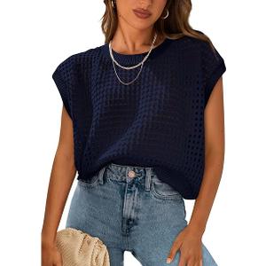 PRETTYGARDEN Womens Spring Tops 2025 Summer Shirts Crochet Cap Sleeve Sweater Pullover Cute Beach Vacation Clothes, Large