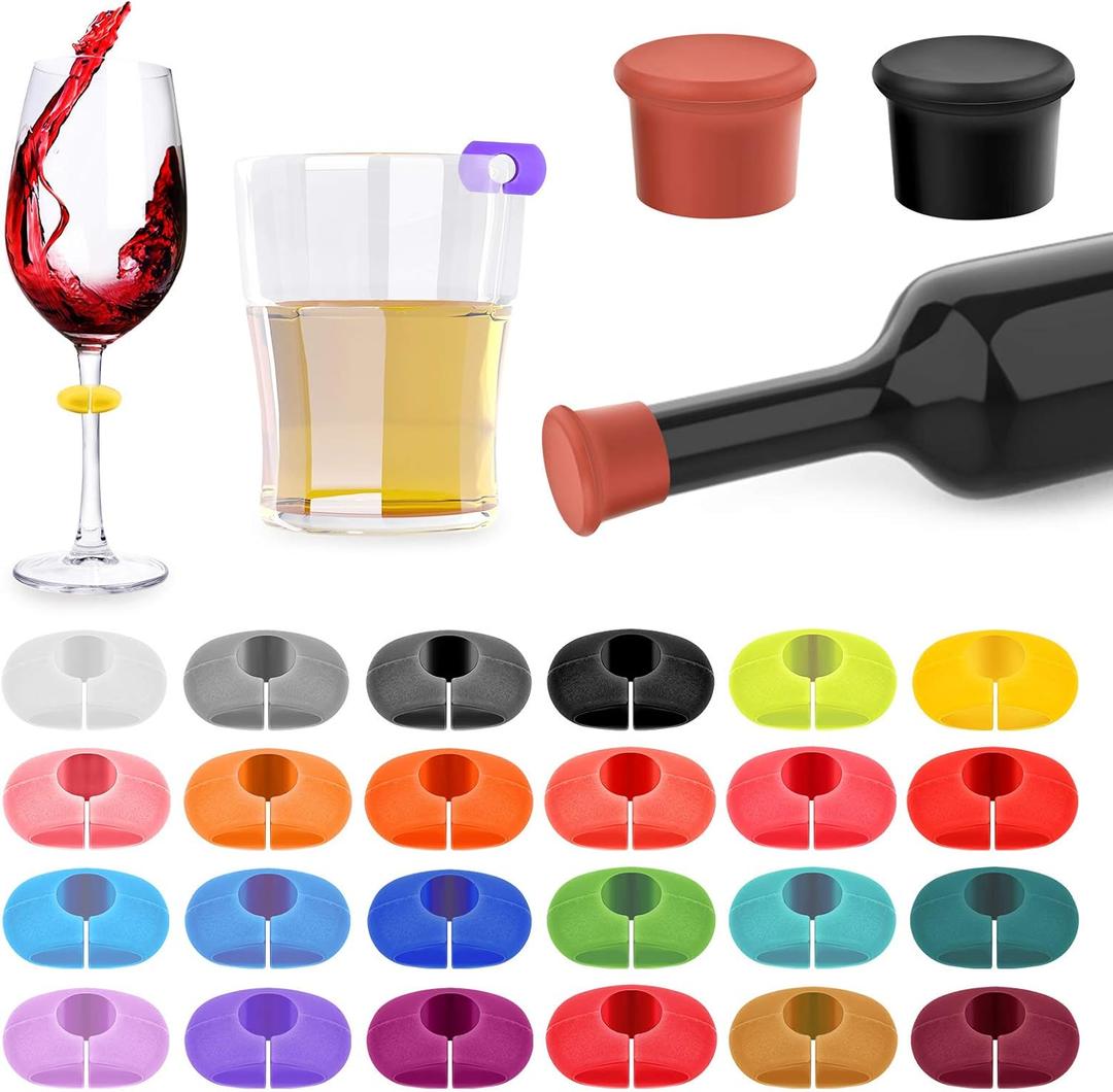 26Pcs Wine Glass Charms Tags with Bottle Stopper, Silicone Wine Glass Drink Markers for Bar Party Martinis Cocktail Champagne Stem Glasses