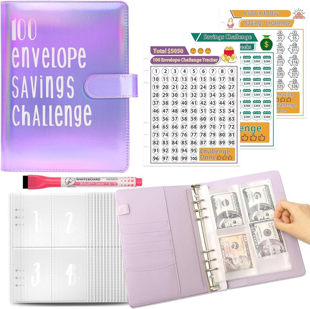 100 Envelopes Challenge Binder Money Savings Challenges Book to Save $5,050 and $500 and $10,000, A5 Money Saving Planner Budget Binder with Cash Envelopes (Black)