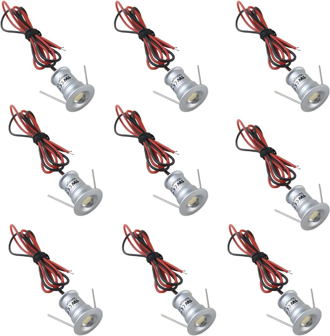 AIBOO 12V Under Cabinet LED Lights 9 Packs of Recessed Mini Downlights with Hardwired Cable and Connectors for Indoor Cupboard Bookshelf Stair Lighting (Cool White)