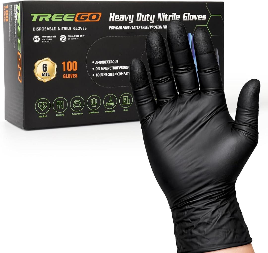TREEGO 6 Mil Black Nitrile Gloves Large  Heavy Duty Disposable Latex & Powder Free, Chemical Resistant, Textured Grip for Industrial, Mechanic, Food Handling  100 Count
