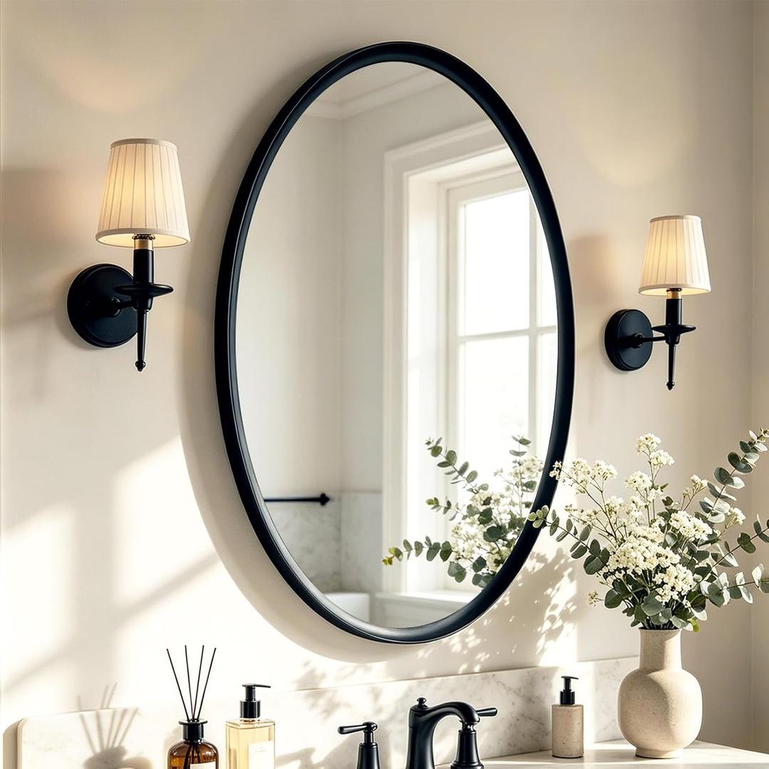USHOWER Black Oval Bathroom Mirror, 20x28 Inch Oval Mirror
Vanity Wall Mirror, Wide Inner-Curved Aluminum Framed, HD Tempered Glass, Moisture & Rust Resistant, for Bedroom, Entryway