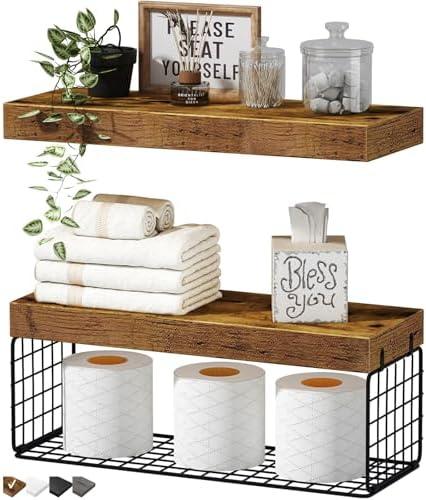 QEEIG Bathroom Shelves Over Toilet - Wall Mounted Floating Shelves Toilet Paper Storage Small Farmhouse Decor Shelf 16 inch Set of 2, Rustic Brown (019-BN2)