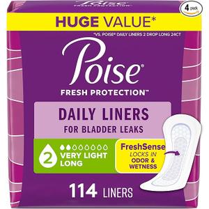 Poise Daily Liners, Incontinence Panty Liners for Bladder Leaks, 2 Drop Very Light Absorbency, Long Length, 176 Count of Pantiliners (4 Packs of 44), 