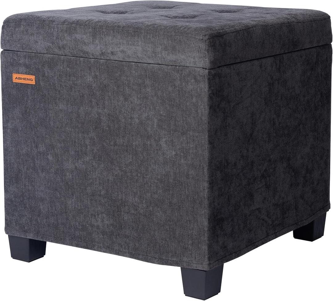 ABHENG Chenille Cover Steel Frame Ottoman with 48L Storage,17.7" x 17.7" x 17.7" Square Linen Storage Ottoman Stool Cube with Legs,for Dorm Livingroom Charcoal UASND641B