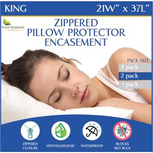 Four Seasons Essentials Waterproof King Pillow Protectors (Set of 2) Zippered Pillow Cover Hypoallergenic Dust Allergy Proof Encasement