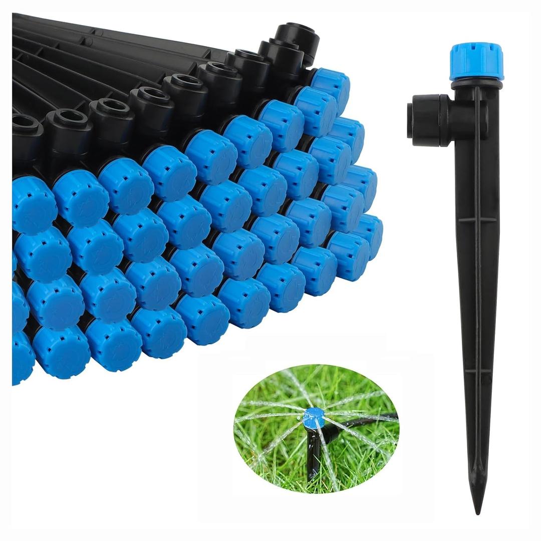 50PCS Drip Irrigation Emitters, Kalolary Adjustable 360 Degree Water Flow Drippers Emitters for 1/4" Drip Irrigation System Tubing, Garden Irrigation Drippers for House Garden Flower beds(Blue)