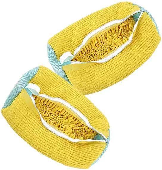Mesh Shoe Washing Bag, Yellow Corduroy Protective Laundry Bag with Zipper, Machine Washable (Yellow + plain white zipper 2PC, 15.35 * 7.48in)