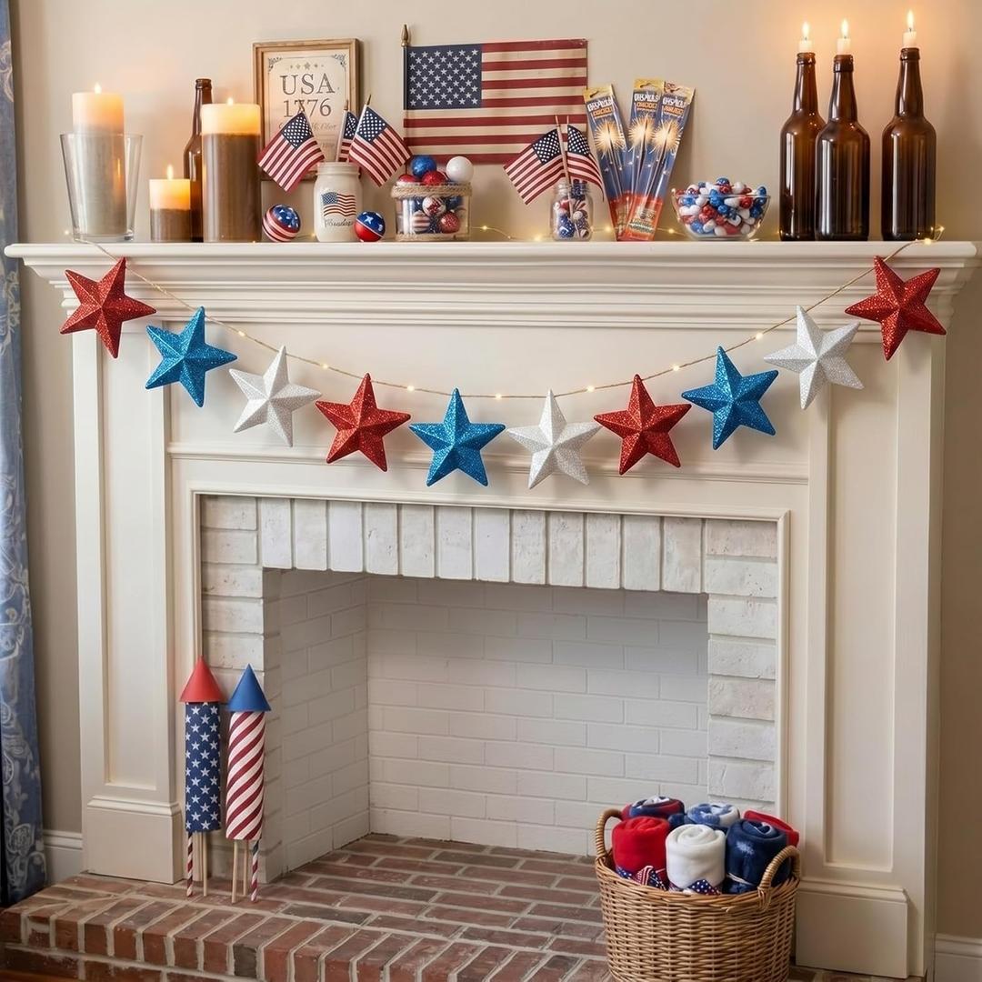 Mindsoft 8.2 ft 4th of July Garland Red White Blue Star Glitter 250th Anniversary Patriotic Garland USA Retro Banner for Fireplace Mantel American Independence Memorial Day Party Decor