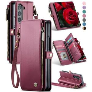 Defencase Wallet Case Compatible with Samsung Galaxy Z Fold 6 with RFID Blocking Card Holder & S Pen Holder Slot PU Leather Magnetic Snap Flip Zipper Strap Phone Case Fit for Galaxy Z Fold 6, Wine Red