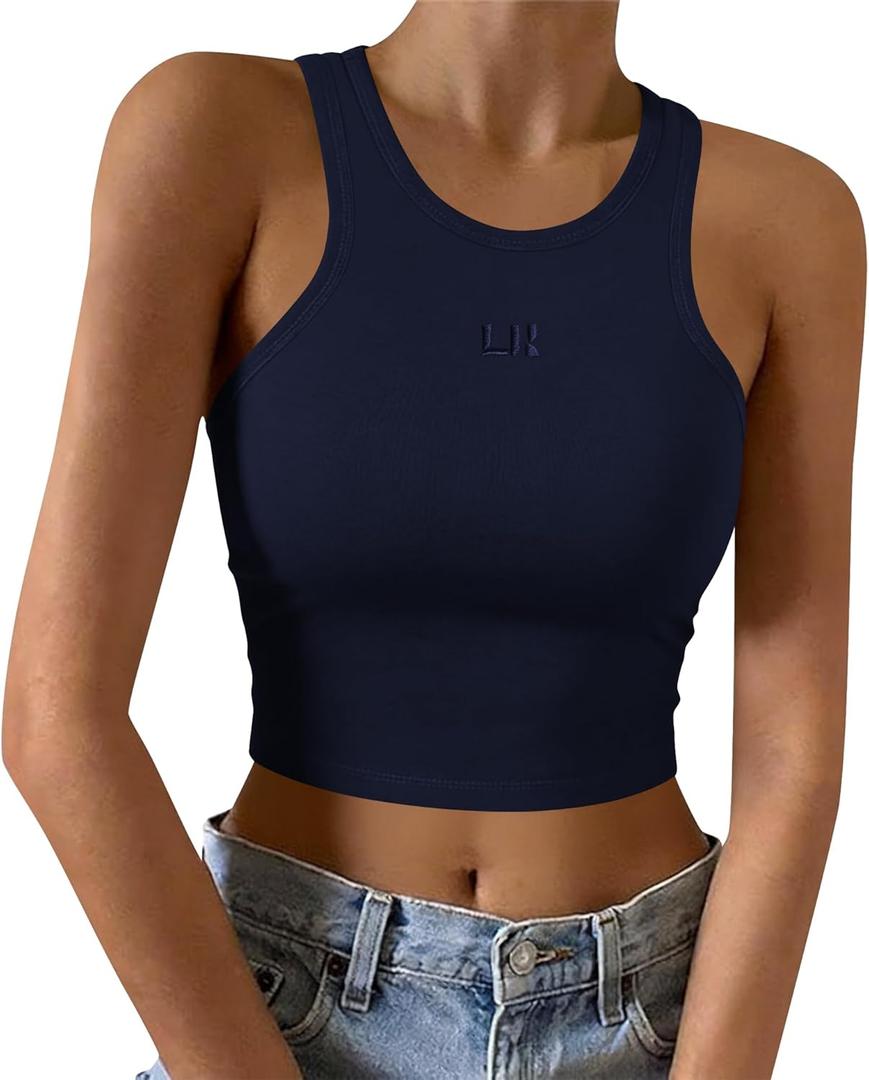 LouKeith Womens Cropped Tank Tops Racerback High Neck Ribbed Cotton Fitted Sleeveless Crop Tank Basic Top (Medium, Navy Blue)
