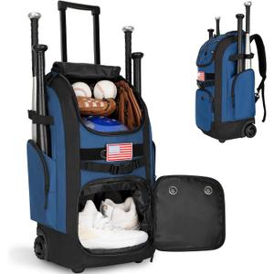 Rolling Baseball Bag with Wheels, 60L Capacity Wheeled Softball bag with Shoe Compartment for Youth & Adult, Bat bag with Hidden Straps,Fence Hook,Holds 4 Bat, Helmet, Glove