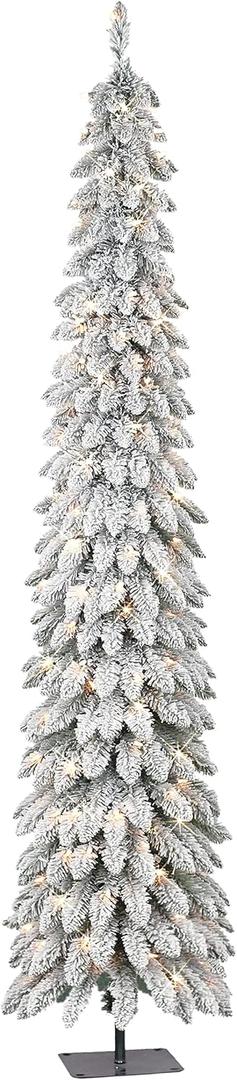 Puleo International 7 ft Pre-Lit Flocked Artificial Alpine Pencil Tree