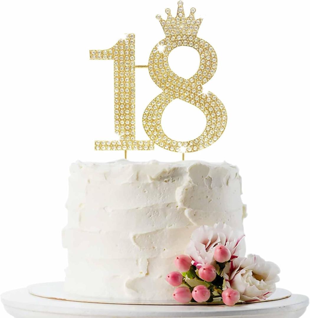 18th Birthday Cake Topper Elegant Happy Anniversary Cake Topper with Rhinestones and Little Gold Crown Sweet Birthday Cake Decoration Gifts for Girls and Boys,Daughter