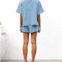 chouyatou Women's Summer Denim 2 Piece Outfits Short Sleeve Button Down Shirt Elastic Waist Wide Leg Shorts Matching Set (Blue, S)
