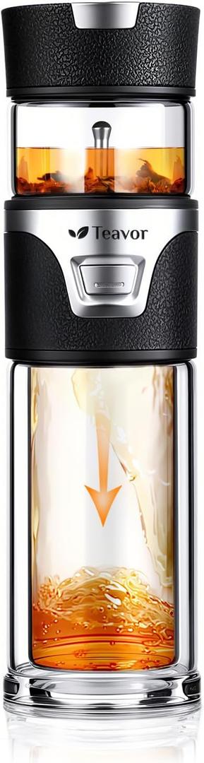 MagicFlow One-Press Smart Tea Infuser Bottle, Double-Walled Glass Teapot for Loose Leaf, Leakproof Portable Travel Tea Tumbler (15.6oz, Midnight Black)