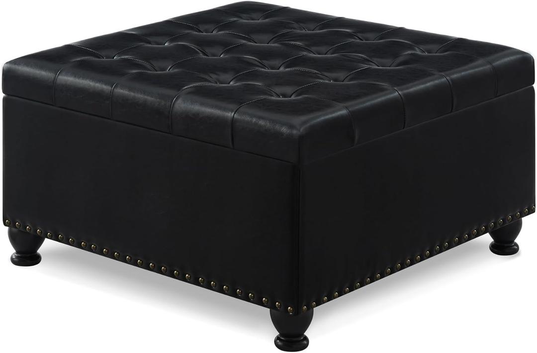 Black Large Square Leather Storage Ottoman with Nailhead Trim